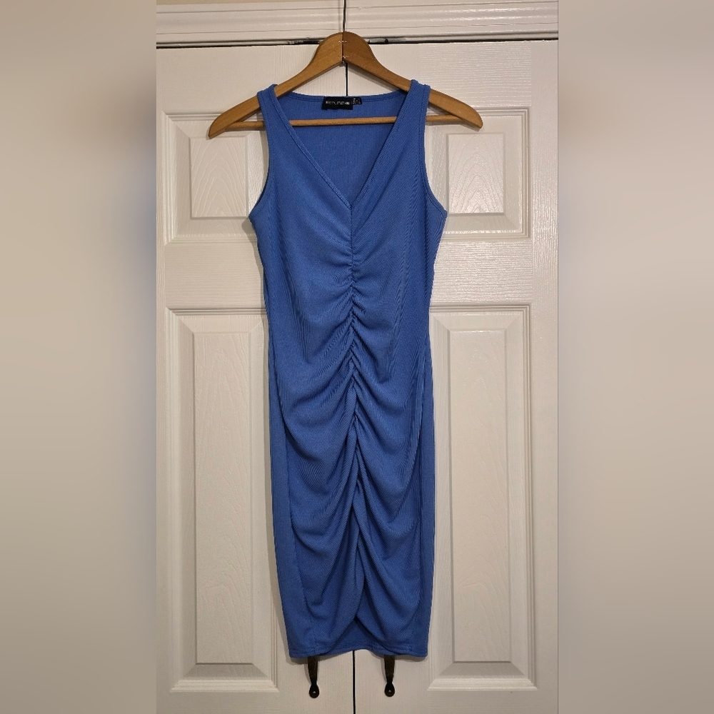 PrettyLittleThing Blue Ruched Bodycon Mini Dress Sleeveless Size 6 Night/club - Picture 9 of 9